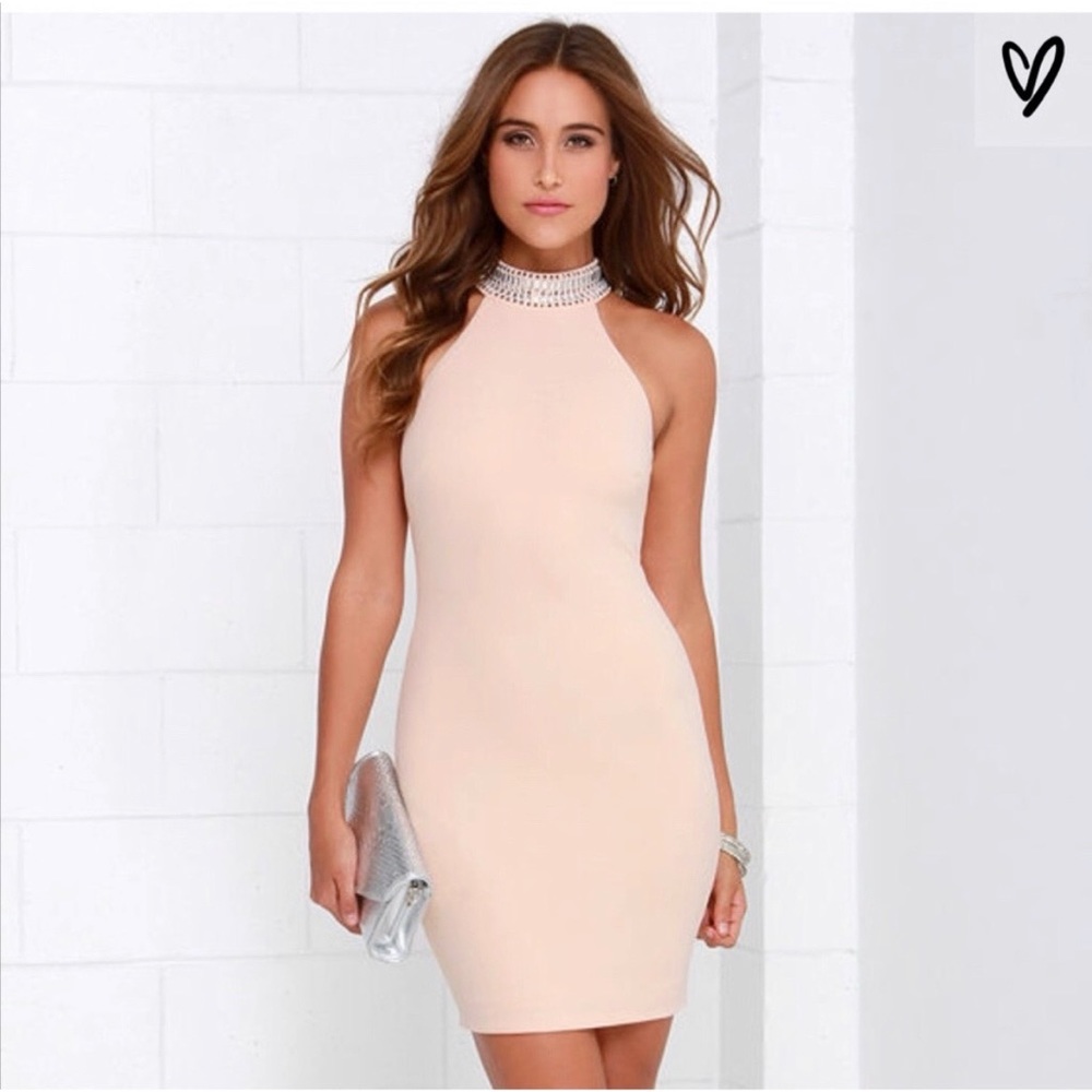 Lulus nude living in luxury sleeveless rhinestone stone choker dress